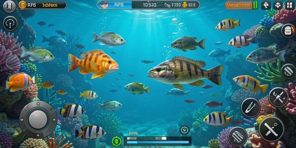 Gameplay seru dalam RP8 menembak ikan berwarna-warni.